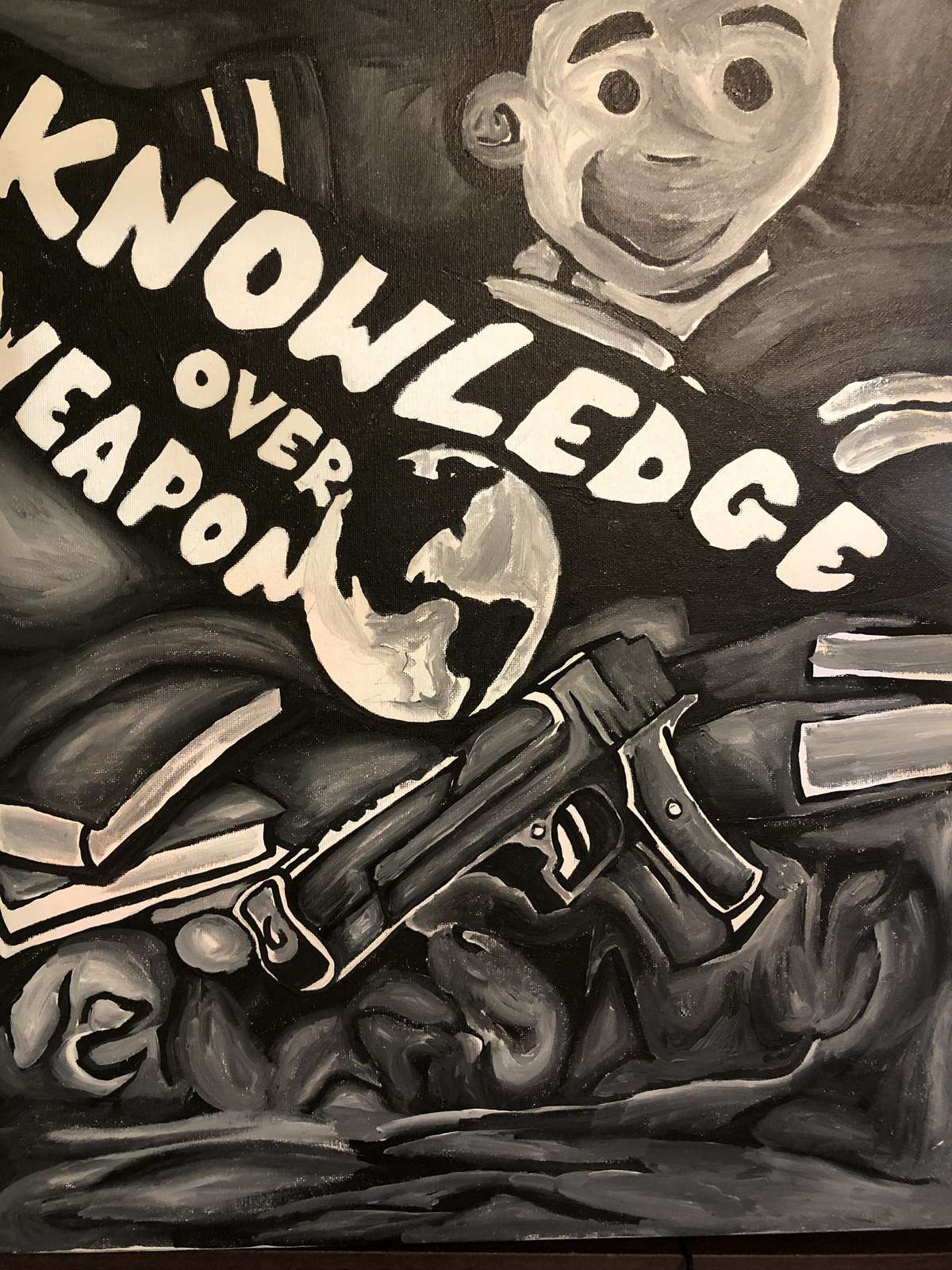 Rodney McAfee 2nd place
Middle College High School

This piece was inspired by my city,  the city of Memphis. All around Memphis is violence left and right. I wanted to deliver a positive message through my art, that can hopefully touch at least one 