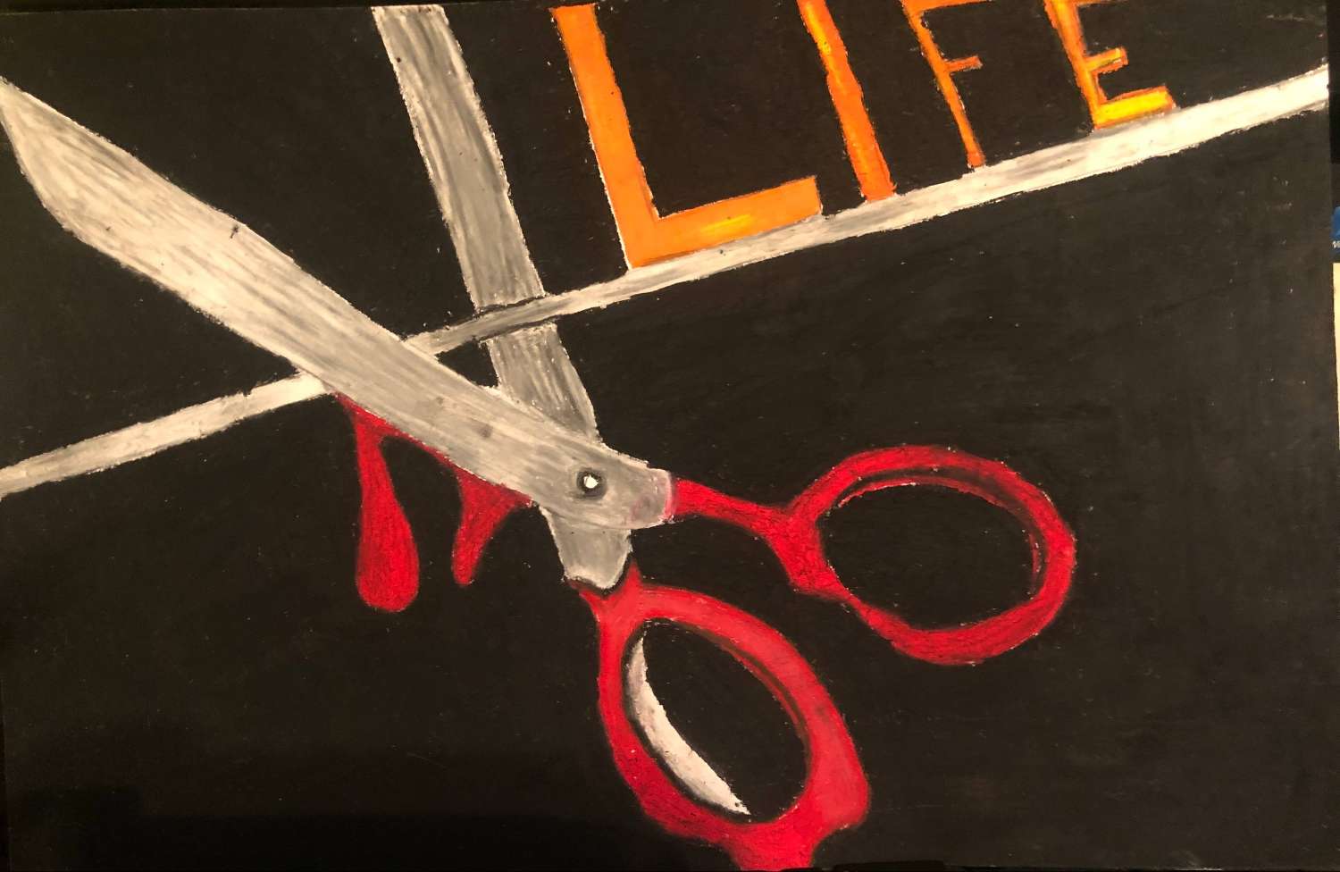 Kyteyana Cox - Middle College High School
Honorable Mention High School

I was inspired to create this piece as I thought of “cutting life by a thread”. This is what happens when one surrounds themselves by violence. 