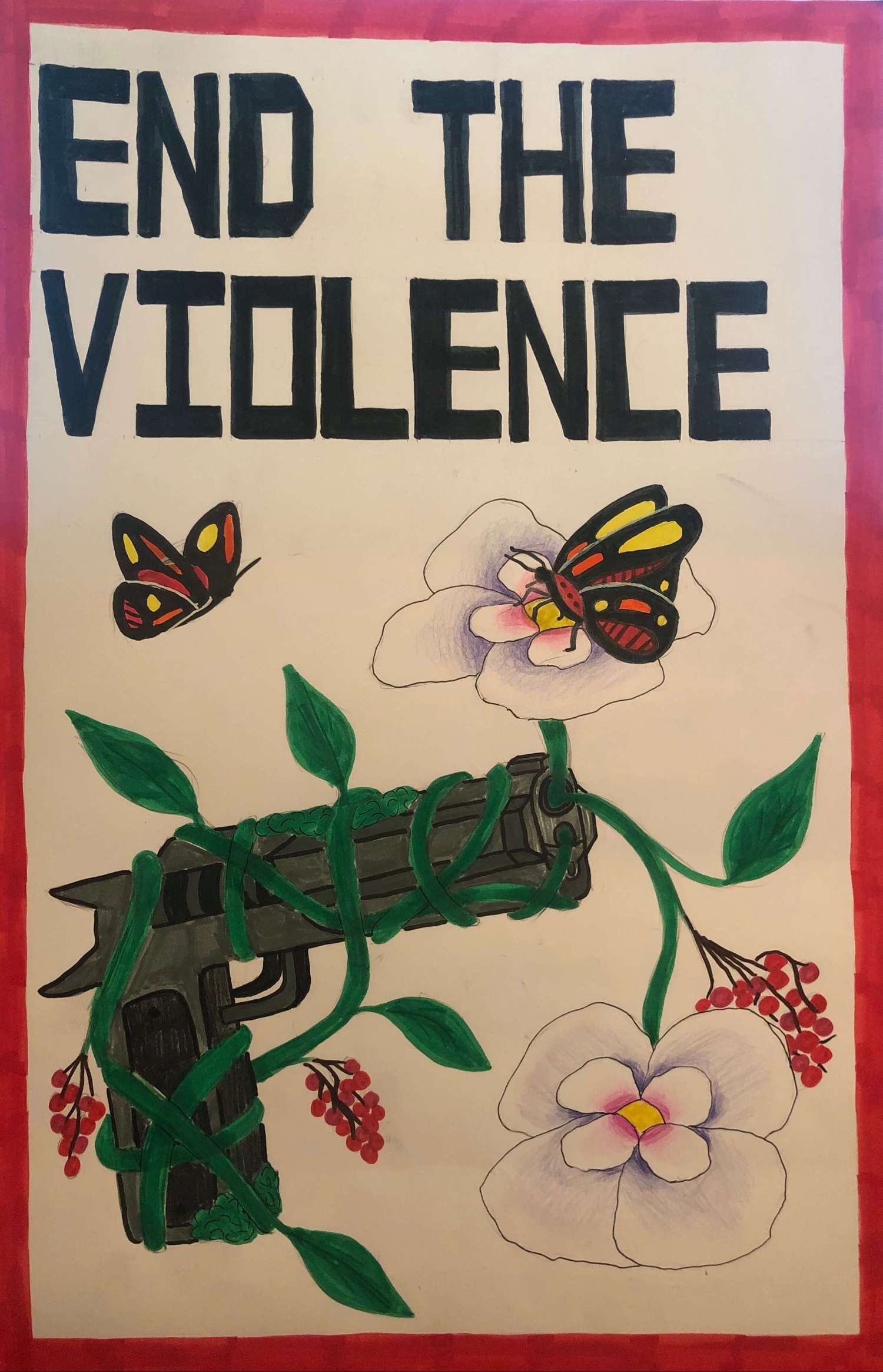 Ally Wright 3rd place (Middle School)
Snowden School

The inspiration behind my “Silence the Violence” entry was mainly the calming feeling that nature brings. I wanted to bring peace to something that was normally not associated with the idea of pea