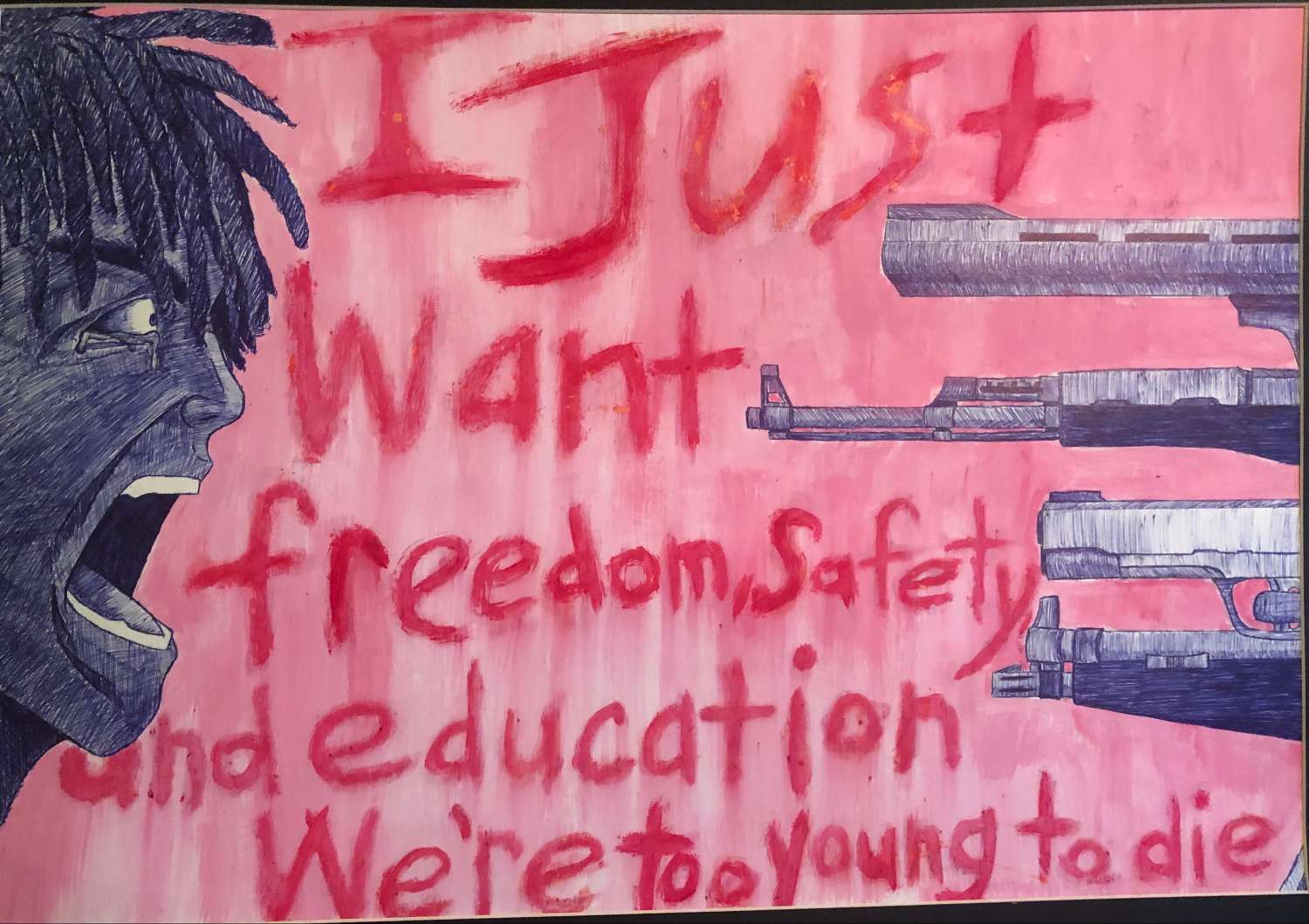 Nicholas McDonald 1st place
Whitehaven High School

This piece of art was inspired by the various student protests carried out by the victims of the many school shootings that took place in 2018. The message is intended to capture how I and many othe